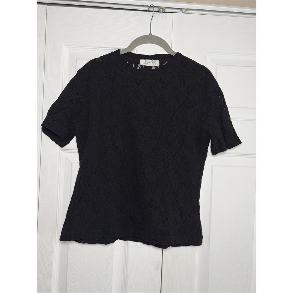 Illusion Knits Floral Lace Blouse Womens Size L Black Lace Coquette Victorian